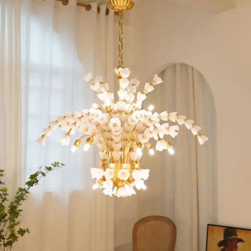 French Glass Petal chandelier crystal pendant Dandelion Chandelier Retro Copper Chandeliers Ceiling Bedroom Dining Room Led Lamp