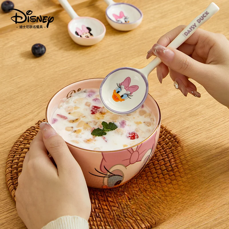 Disney New High-value Ceramic Household Soup Spoon Kawaii Mickey Tableware Rice Spoon Cartoon Long-handled Spoon Children's Gift