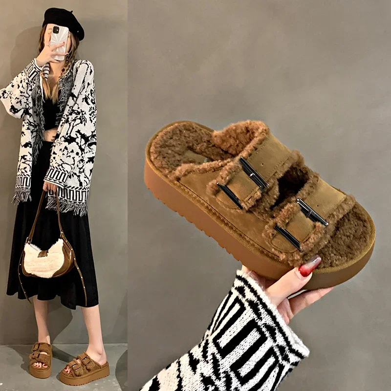 High Appearance Level Thick Bottom Open Toe Needle Buckle Plush Warm Fashion All Comfortable Non-slip Wear Furry Lady Slippers