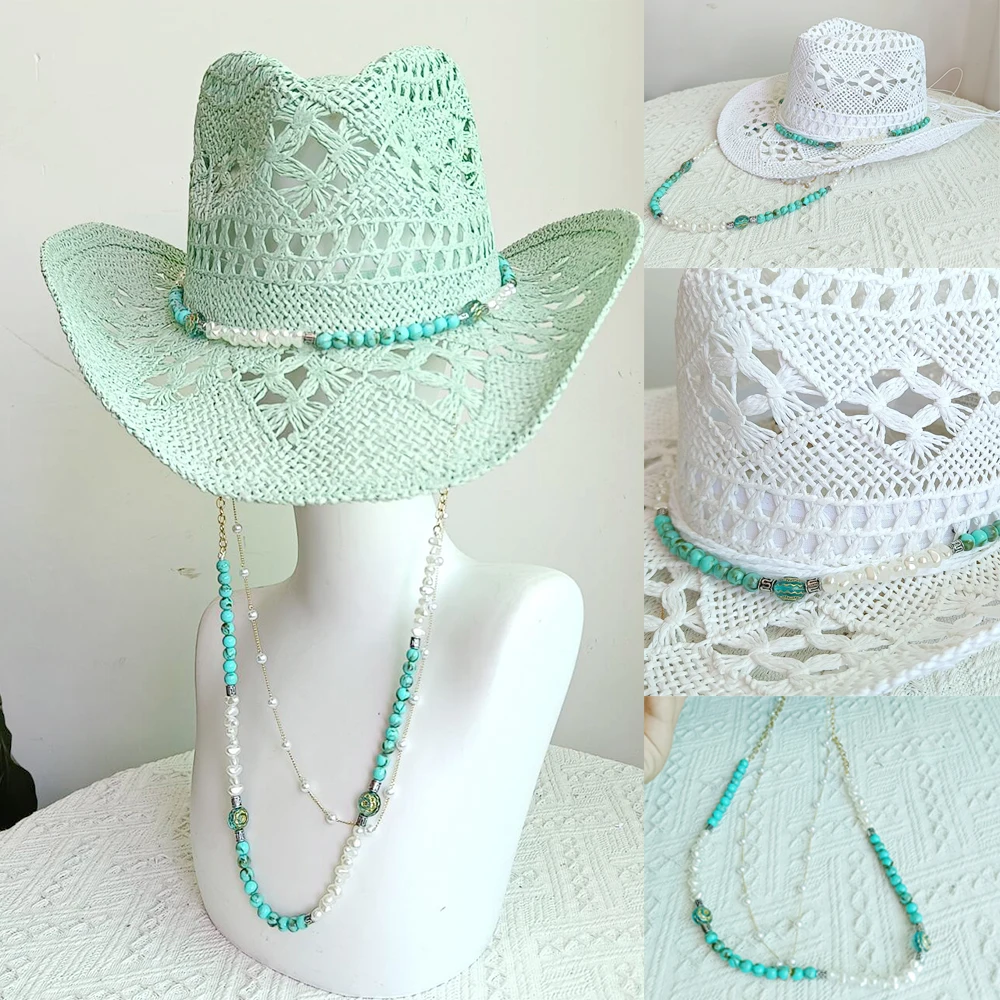 Double chain woven straw jazz cowboy hat - Ruslan Baginskiy - Women Same turquoise pearl chain | Luisaviaromacowboy hat2026