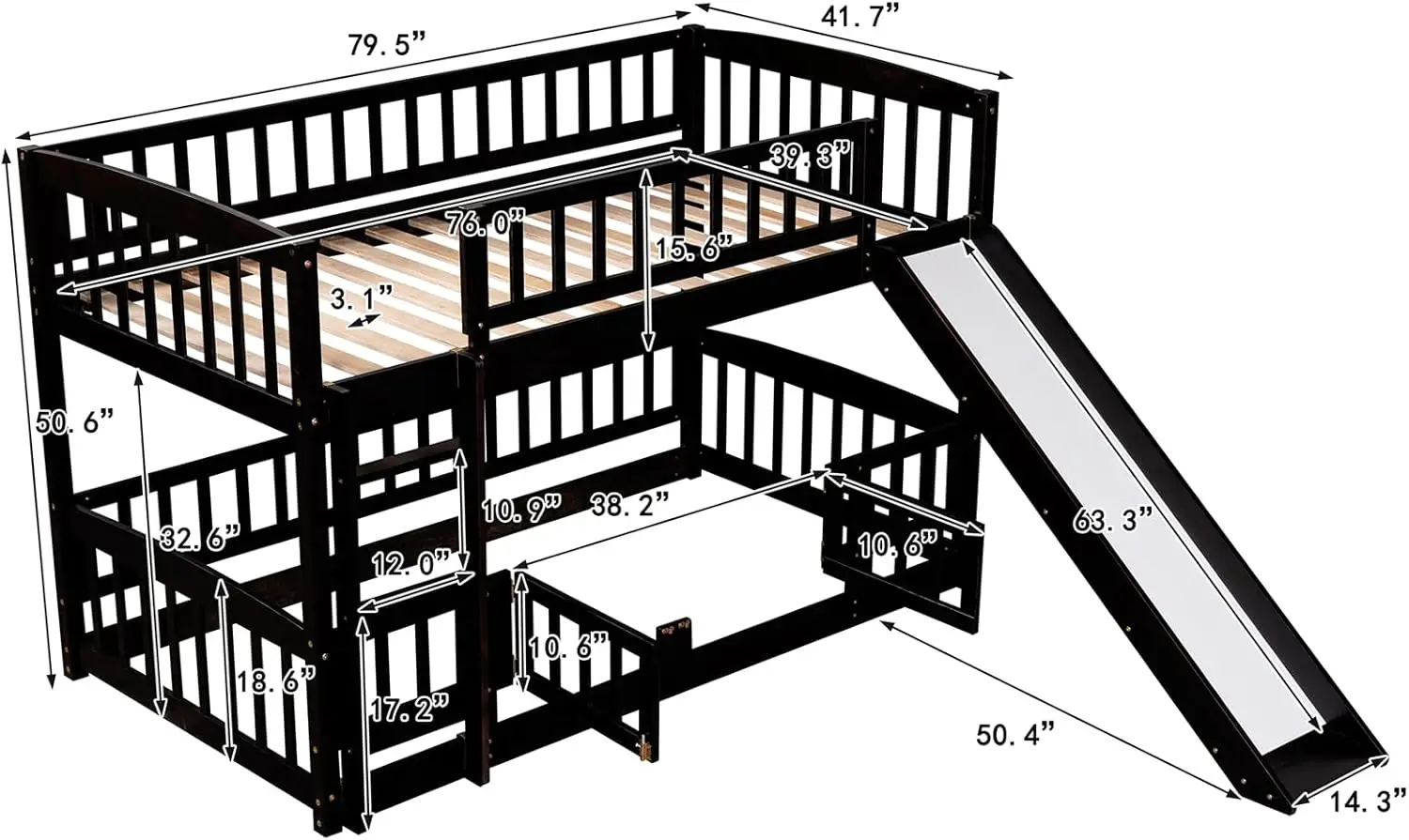 Low Bunk Bed with Slide, Twin Over Twin, Wood Frame, Espresso