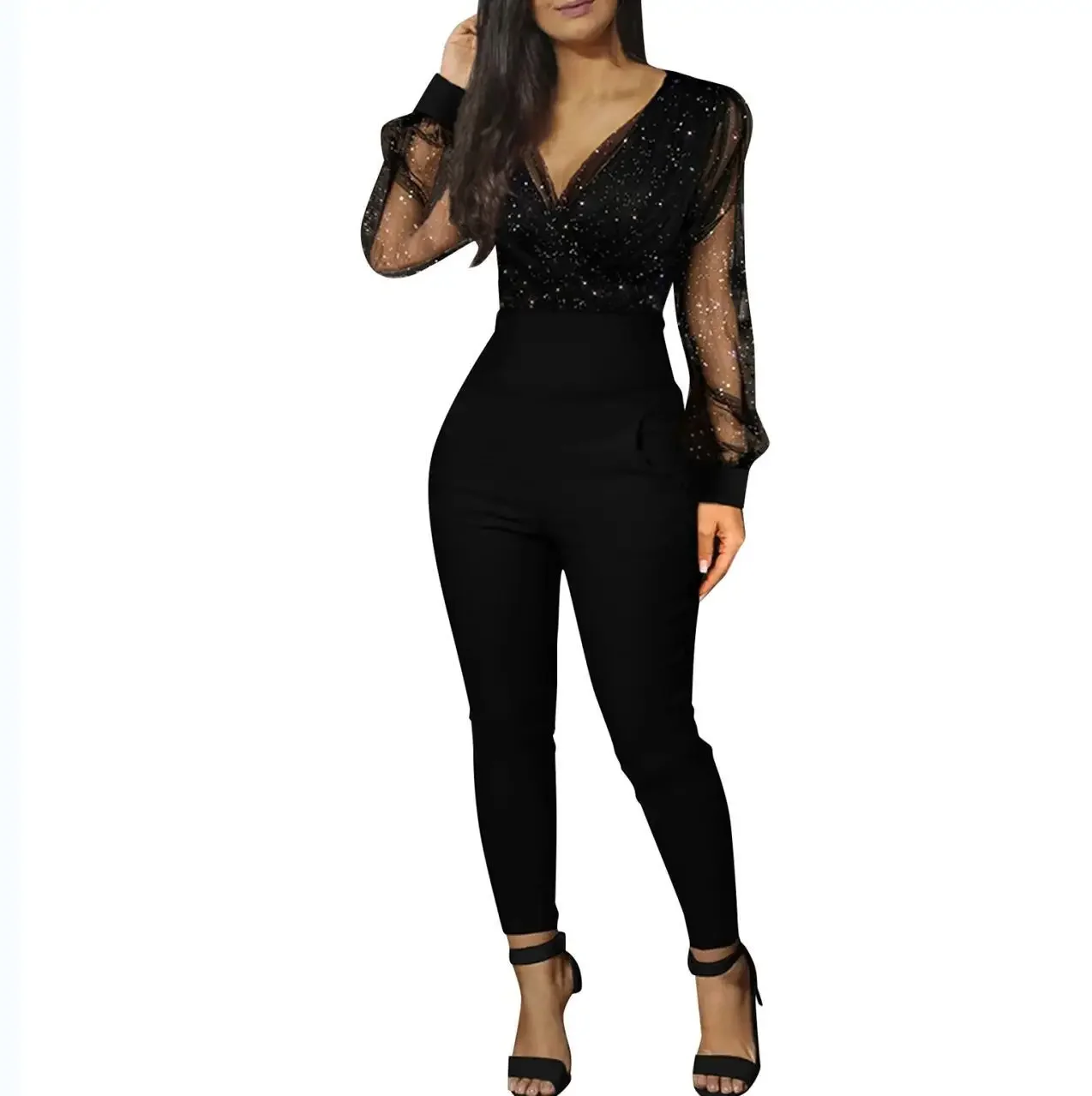 Elegant Sequins Mesh Glitter Jumpsuit New Spring Rompers Women  Party Night Autumn Female Solid Casual V-neck Full Length Pants