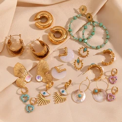 Oval Blue Turquoise Resin Fan-shaped Butterfly Wings Eyes with Eyelashes Sunflower Earrings 18K Gold Plated 316L Stainless Steel