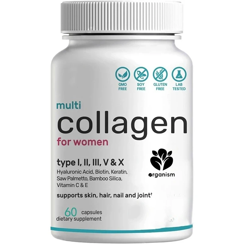 

Многоцветные таблетки с коллагеном, содержащие витаминами С, Е и биотином, с формулой 60 11 в 1, для здоровья волос, кожи и суставов.