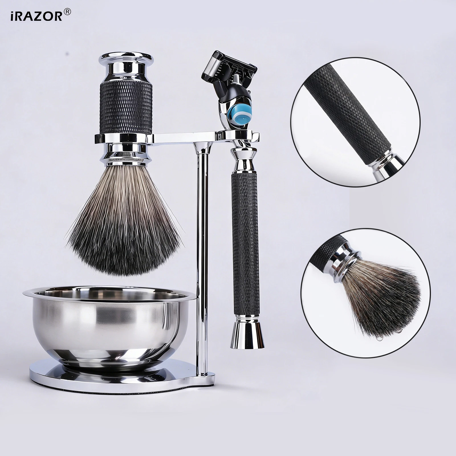 iRAZOR 4-Piece Grooming Shaving Kit for Men with 5-Blade Razor Synthetic Shave Brush Black Textured Handles-Father Husband Gift