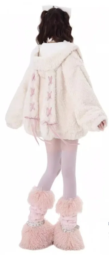 2025 Winter New Women's Sweet Bunny Ear Tie Lamb Wool Hooded Coat Thickened Padded Warm Loose Plush Cotton Jacket