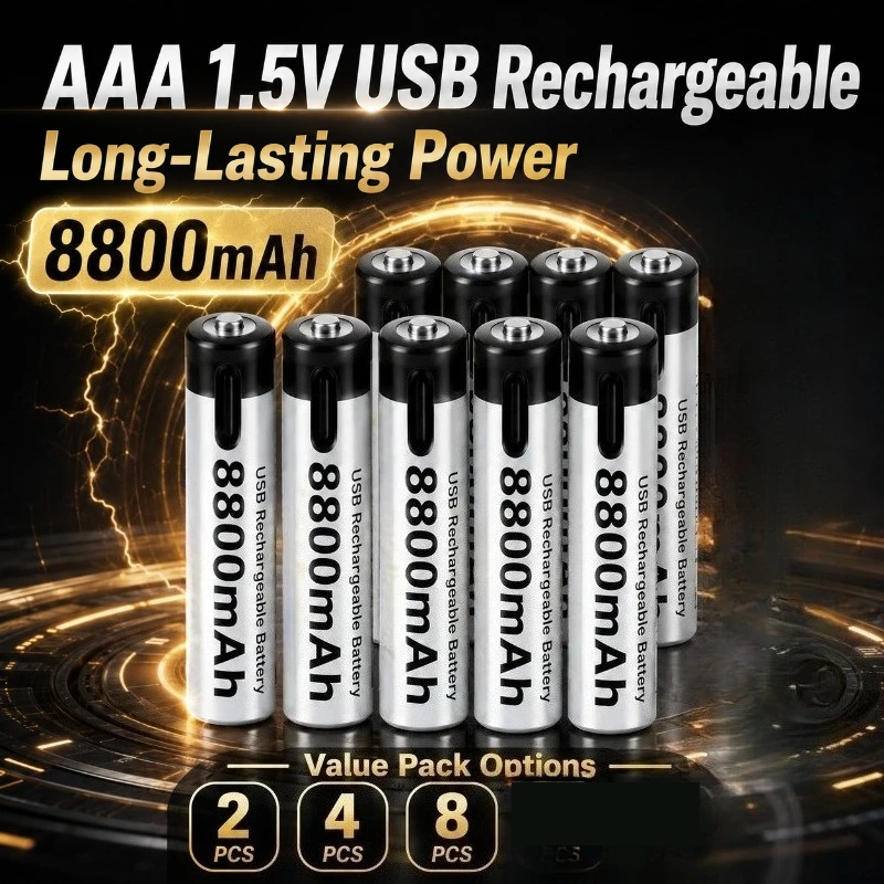 AAA 1.5V 8800mAh USB Rechargeable Lithium Batteries 2500 Cycles Constant Voltage for Mouse Remote Fan Toy Device Battery Pack