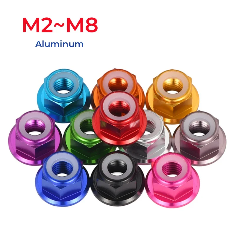 M2 M2.5 M3 M4 M5 M6 M8 Colourful Aluminum Flanged Nylon Insert Anti-loose Nut Self-locking Hex Locknut Slip Lock Nuts