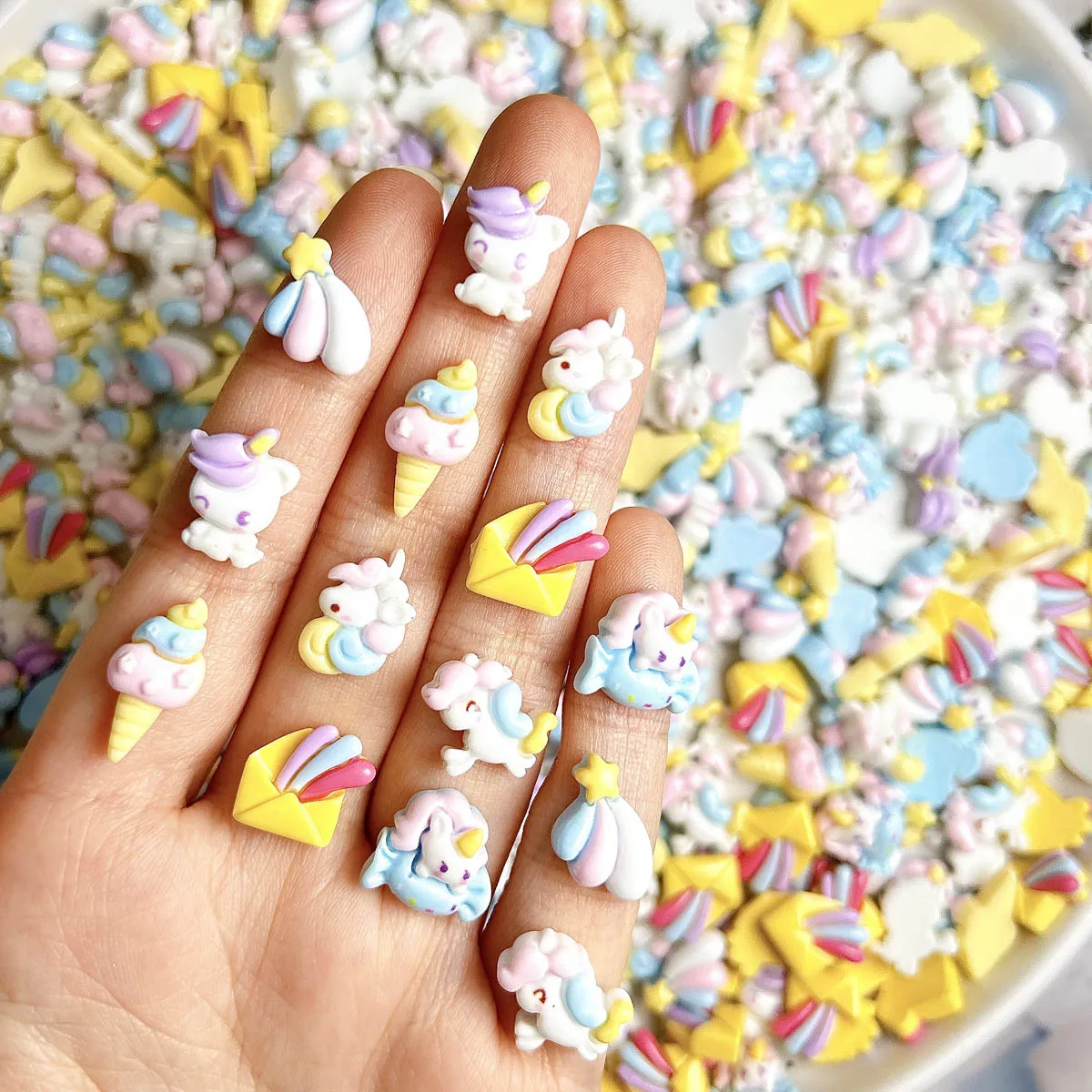 

20PCS 3D Cream Glue Cartoon Pony Unicorn Resin Nail Charms Creative Adorable Candy Envelope Rainbow Nail Art Decorations for DIY