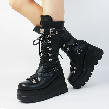 Gothic Stijl Platform Vampier Cosplay Vrouwen Mid-Calf Laarzen 2023 Herfst Wiggen Comfortabele Vrouw Motorlaarzen Schoenen Plus Size