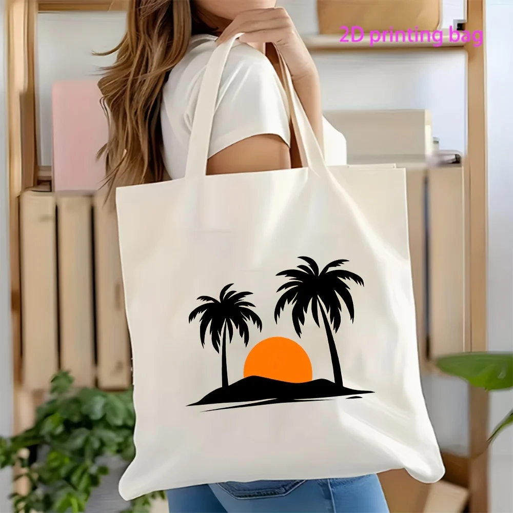 1 Reusable Shopping Bag with Black and White Palm Tree Sunset Print, Lightweight and Foldable, Suitable for Tropical Tote Bags, Minimalist Beach Design, Ideal for Summer and Vacation Enthusiasts, Perfect for Beach Trips, Casual Use, Gift-Giving, and Ideal for Those Who Love Tropical Vibes