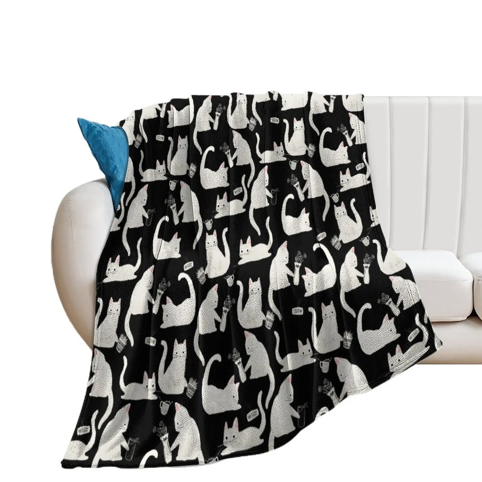 

Bad Cats Knocking Stuff Over, White Cats on Black Throw Blanket Fashion Sofas Comforter Polar Blankets