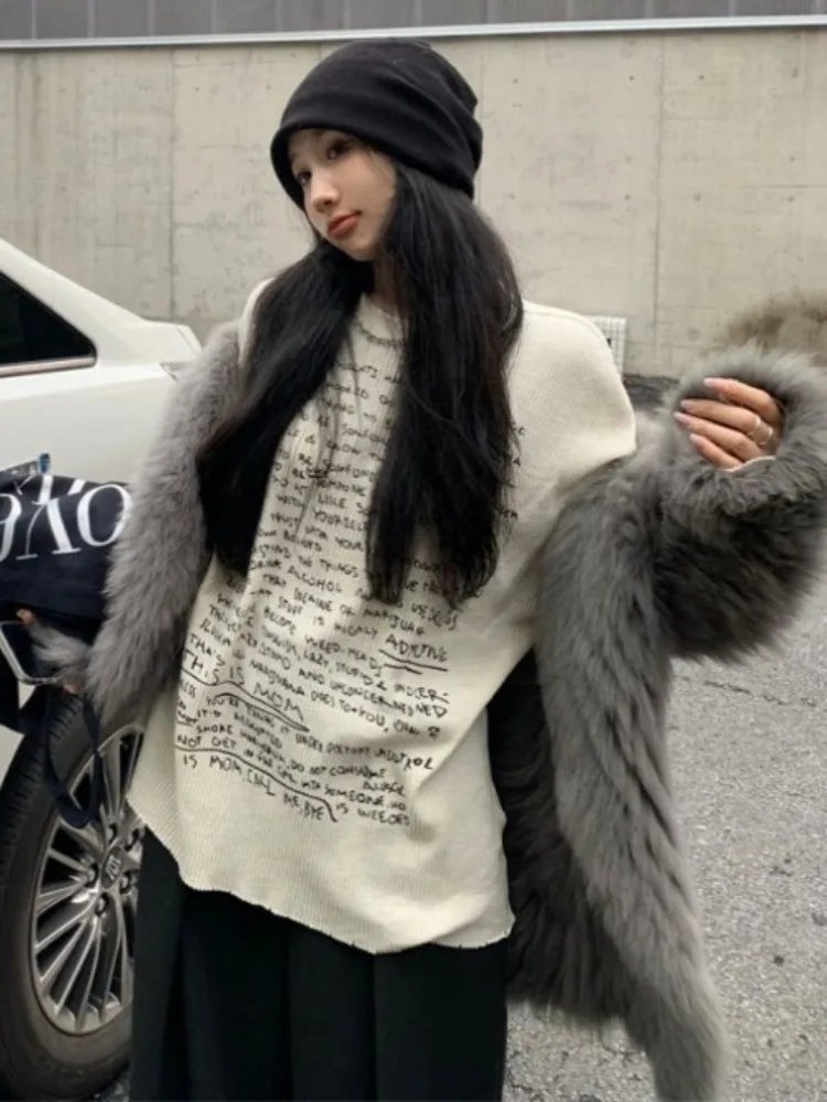 2024 Spring New Bottoming Tops Women Fashion Simple Letter Print O-neck T-shirts Y2k E-Girl Long Sleeve Loose Tee Shirt