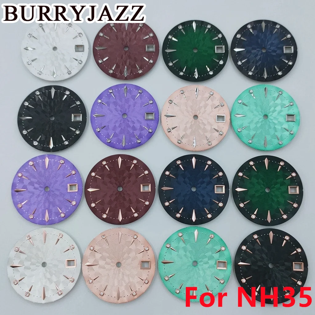 29mm No Logo NH35 Watch Dials - Silver Black Blue Green Brown Purple Pink Fits 3/3.8 O'clock Case with Crown