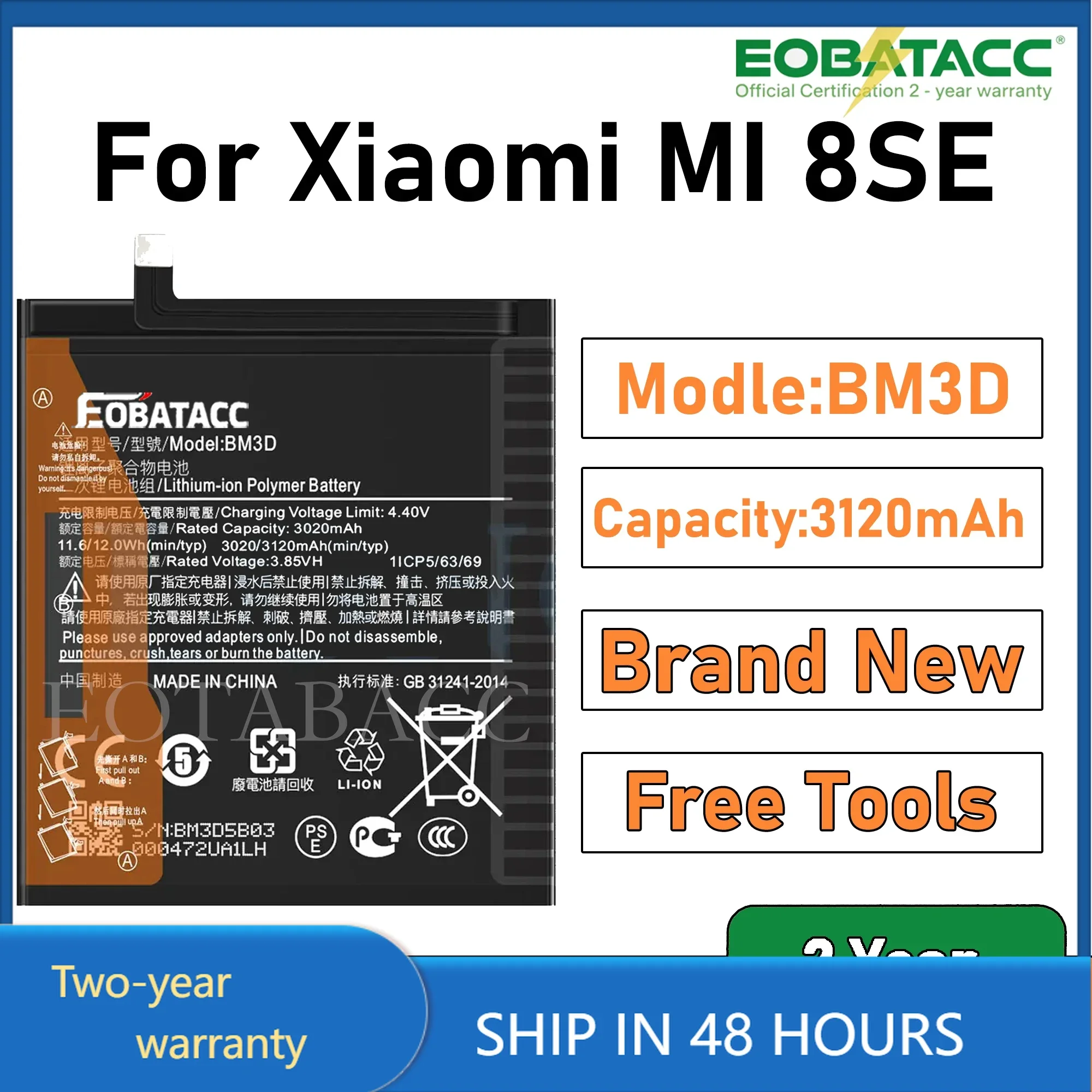 2025 Years EOBATACC 100% New BM3D Battery For Xiaomi 8SE  Batteries+Free Tools