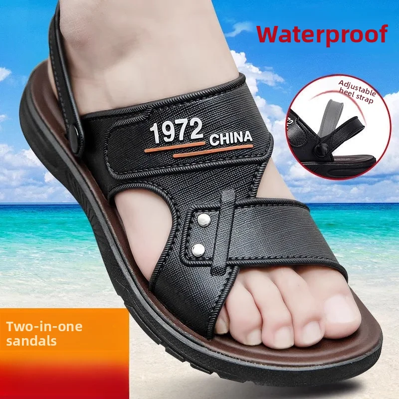 

Мужские кожаные сандалии-шлепанцы для пляжа, летние, нескользящие, износостойкие, повседневные, дышащие, с открытым носком, из ПВХ