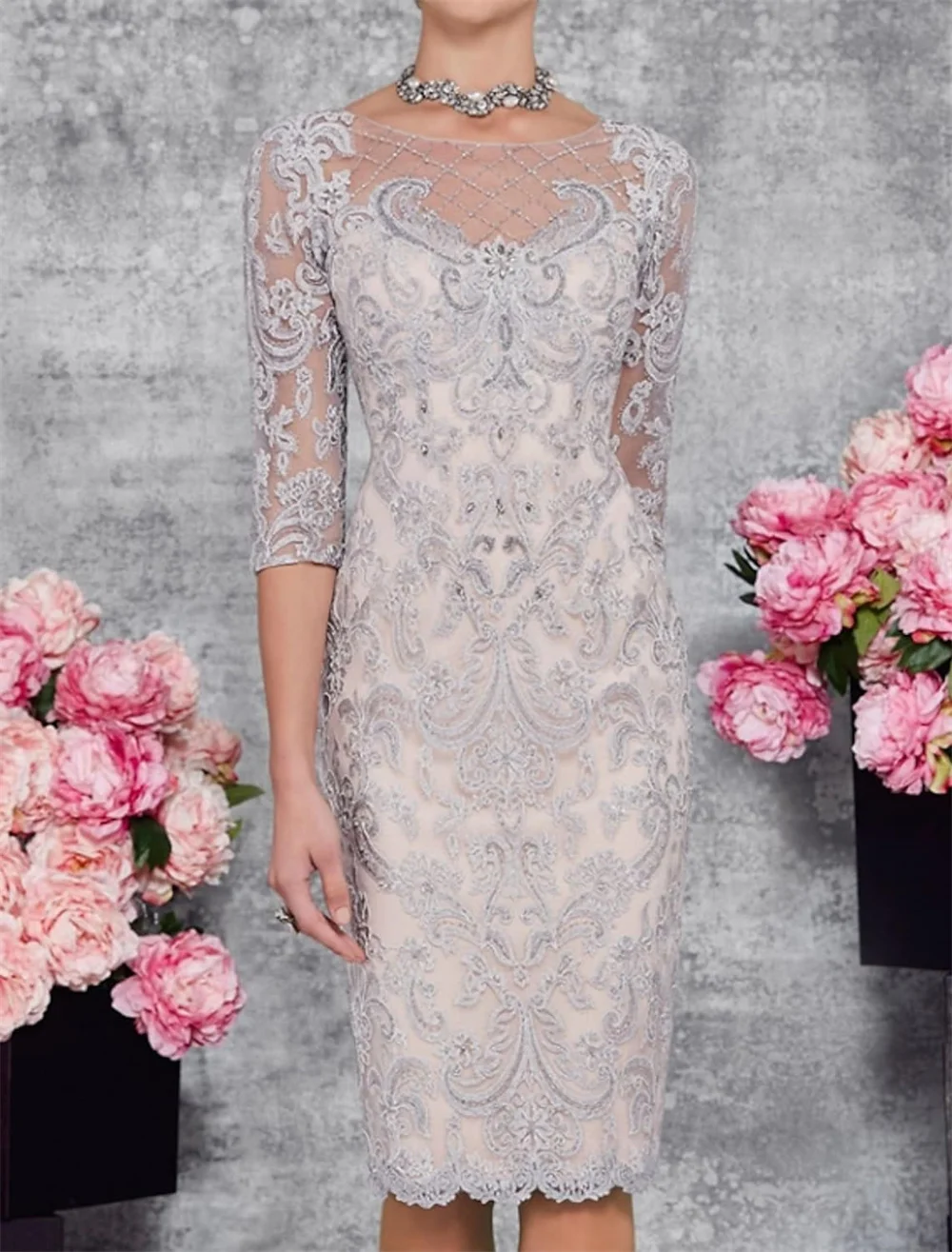 Two Piece Sheath Mother of the Bride Dress Elegant Illusion Neck Knee Lace 3/4 Length Sleeve with Embroidery 2022