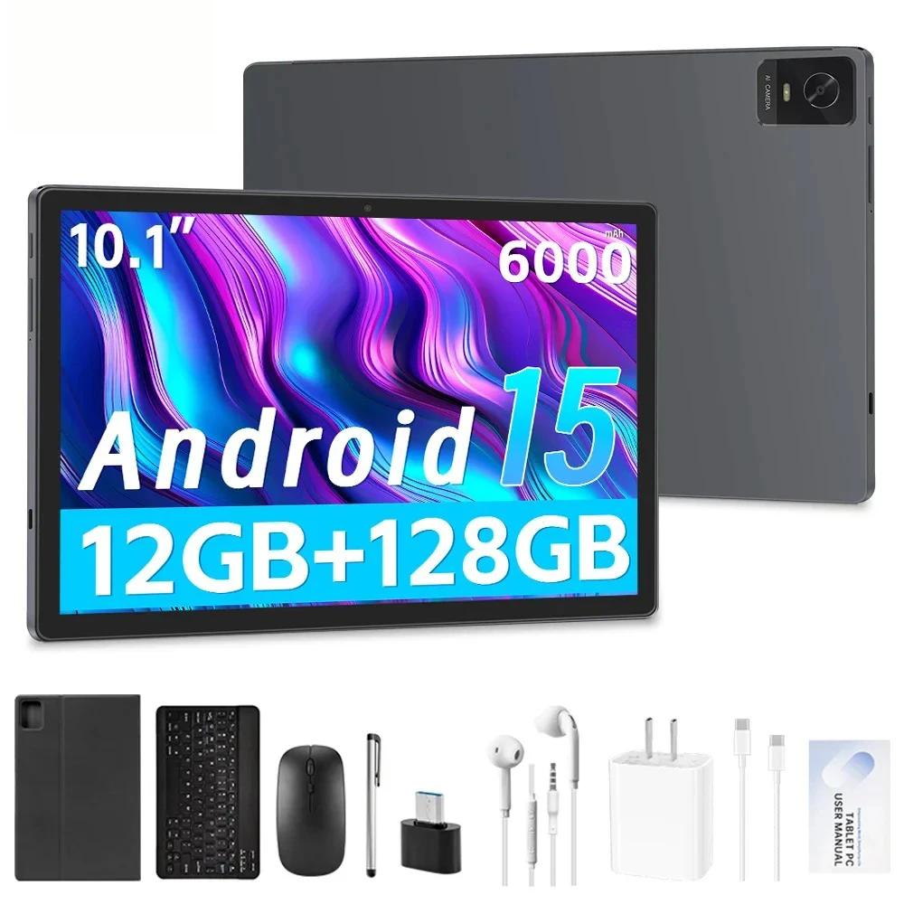Tablet 10.1 inch, Android 15 Tablet with Octa-Core Processor, 12GB 128GB 1TB Expandable, 6000mAh Battery, 5MP+13MP Dual Camera