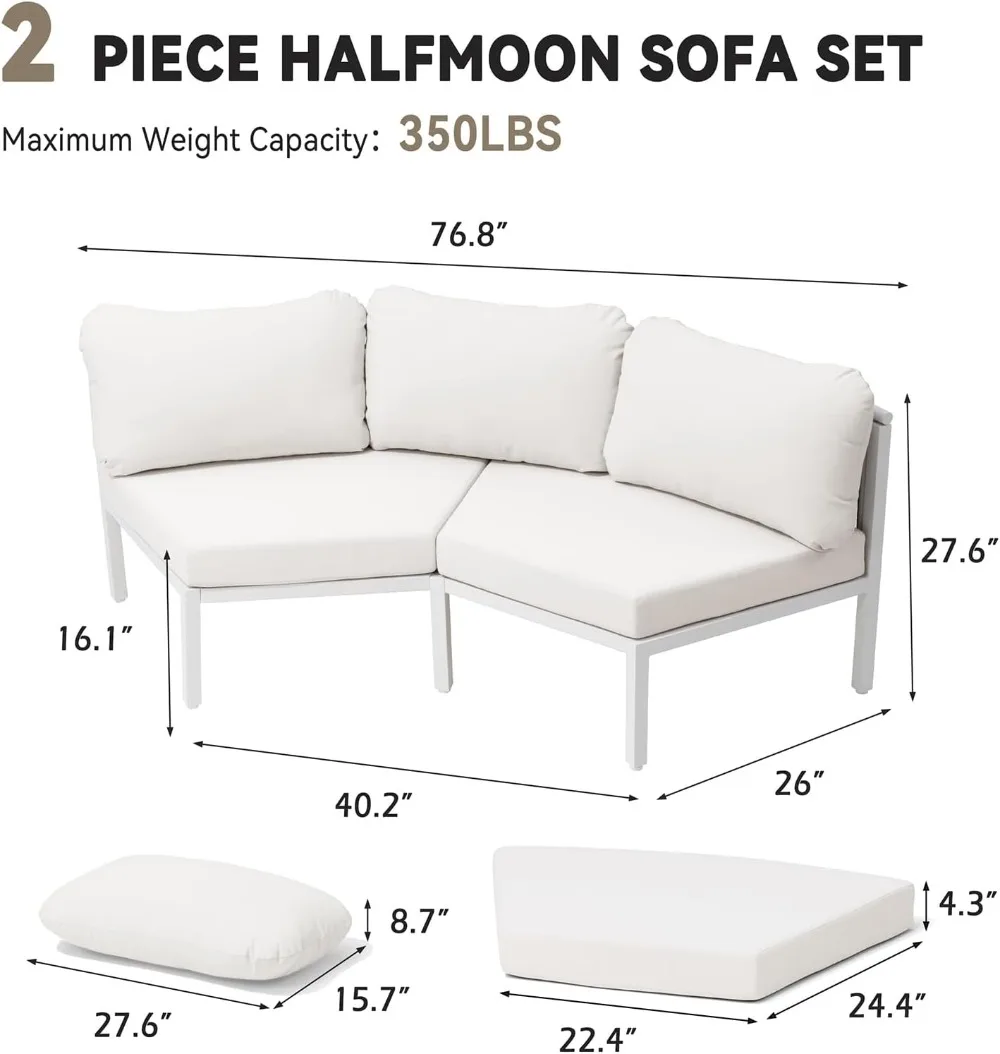 Curved 2-Seater Outdoor Sofa, Modular Patio Sectional, Aluminum Frame, Water-Resistant Cushion