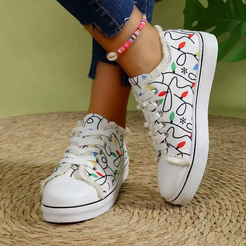 Spring New Women\'s Cartoon Graffiti Casual Canvas Shoes Fashion Lace-Up Woman Breathable Round Toe Sneakers Lightweight Female