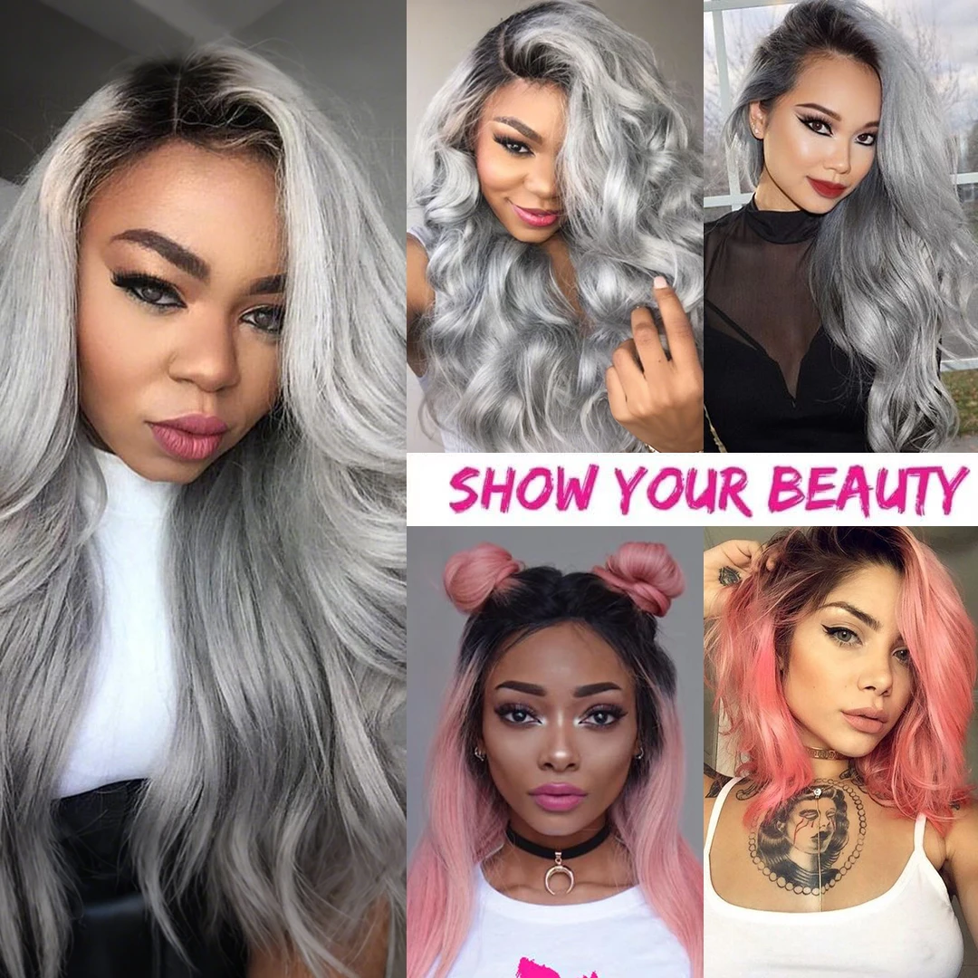 4x4 dentelle fermeture cheveux humains Ombre 1B gris rose vague de corps fermeture brésilienne vague de corps Remy cheveux humains 14 pouces fermeture cheveux humains