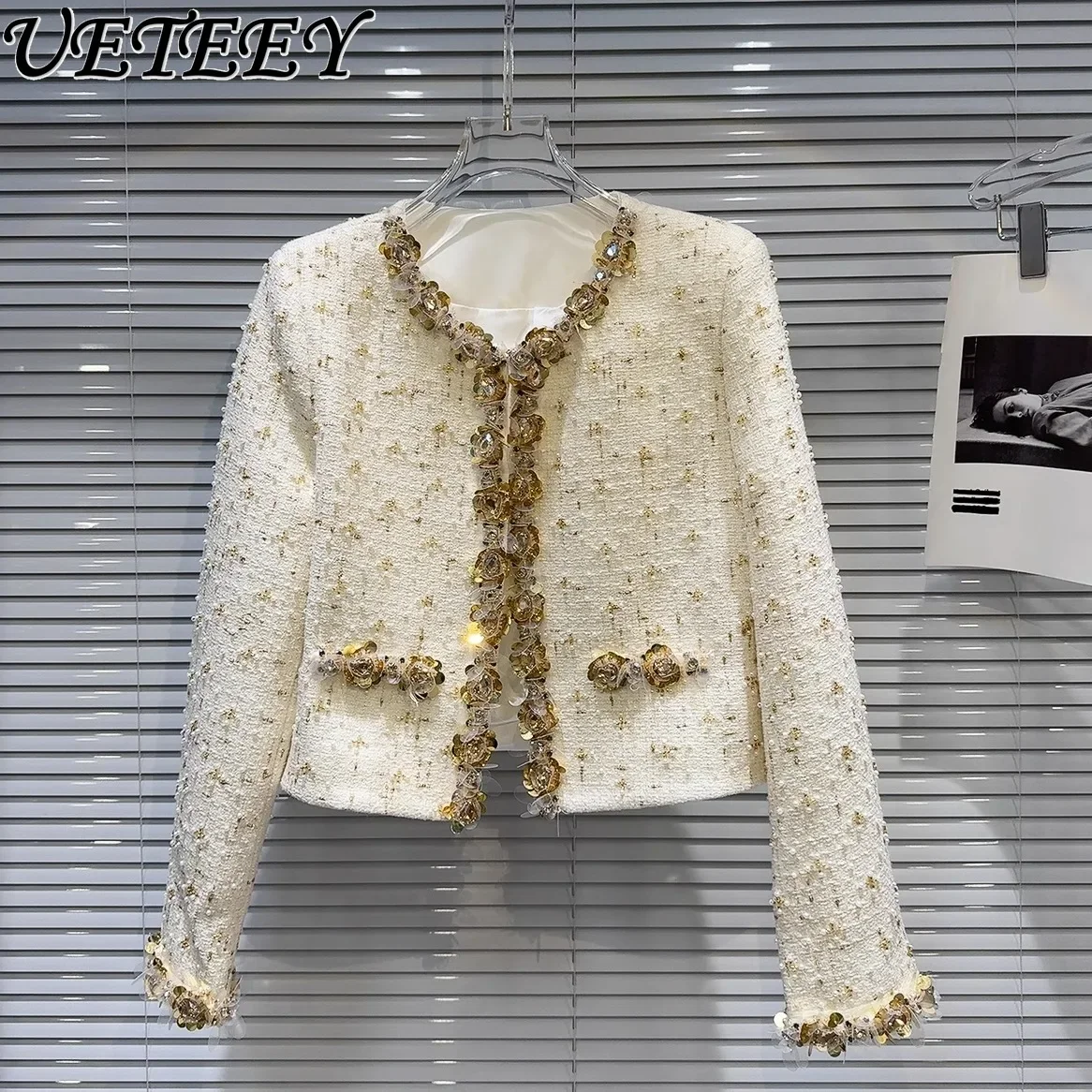 

2024 Autumn Winter New Gold Shiny Floral Beaded Tweed Jacket Women's Clothes Fashion Light Luxury Cashmere Short Coat Top Lady