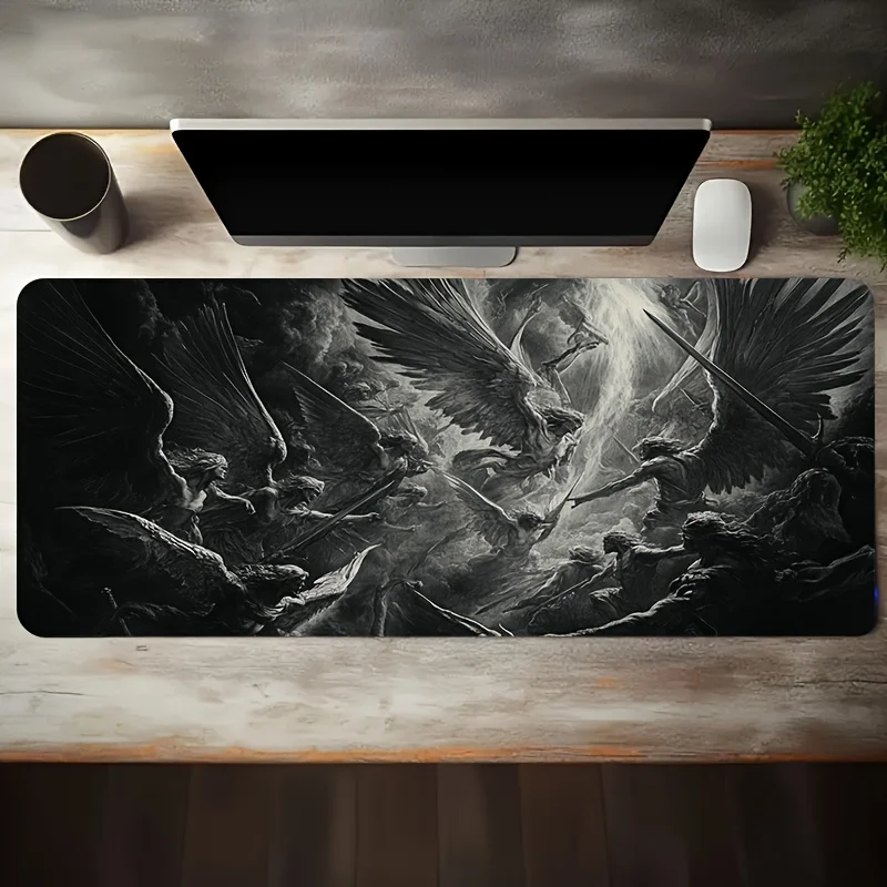 XXL Angel War Mouse Pad Black White Epic Battle Design Non-Slip Washable Rubber Gaming Desk Mat for PC Office Computer Accessory