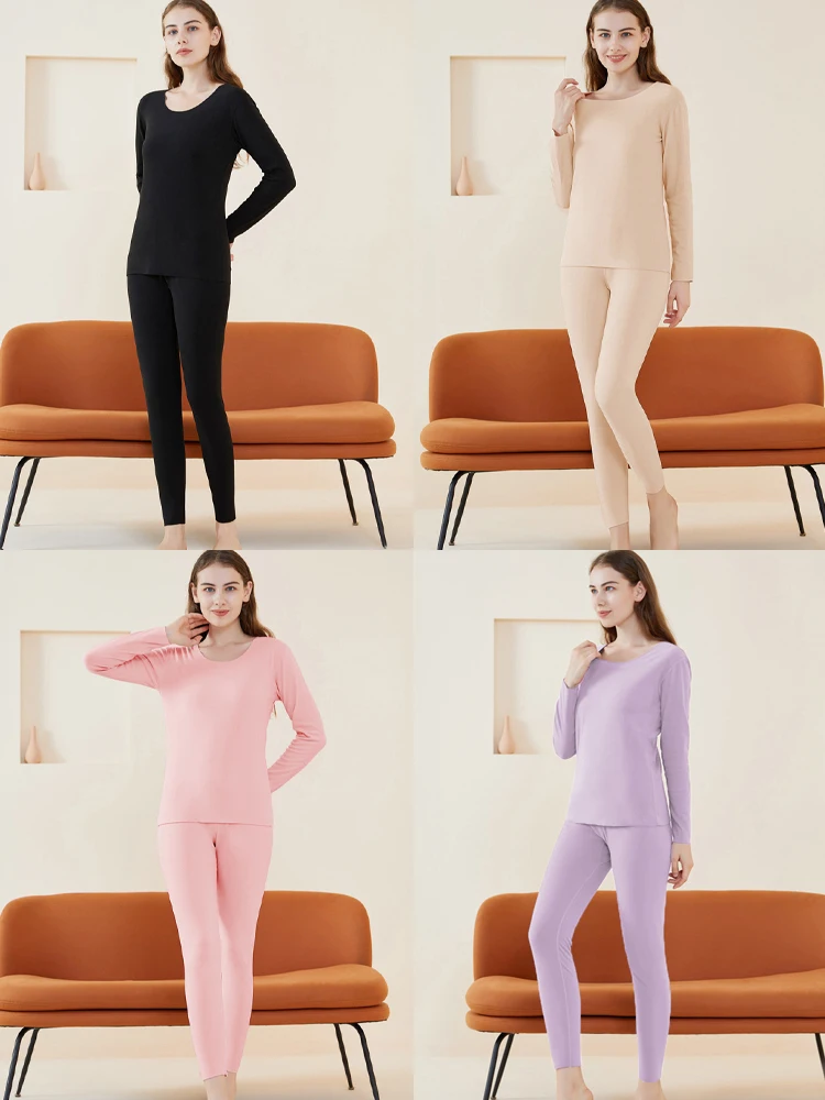 2 Pieces Warm Thermal Underwear Sets Women Fleece-lined Long Seleeves Autumn Winter Base Layer Set Female Thickened Pajamas Sets