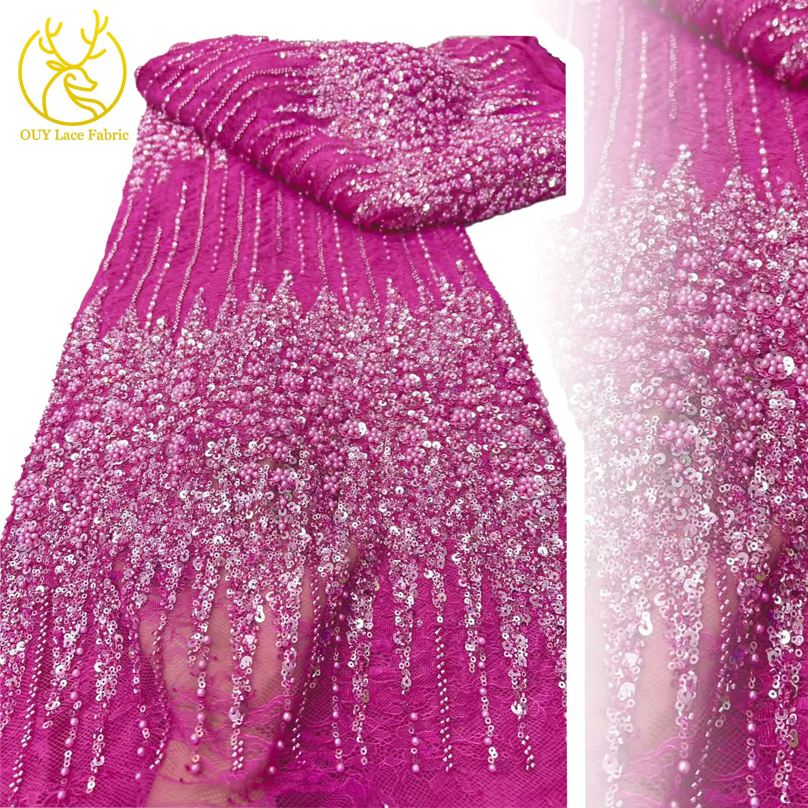 

African Luxury Hand Beaded Mesh Lace Fabric 2025 Latest Sequin Embroidery French Tulle Lace Fabric Dinner Dress Sewing 5 Yards