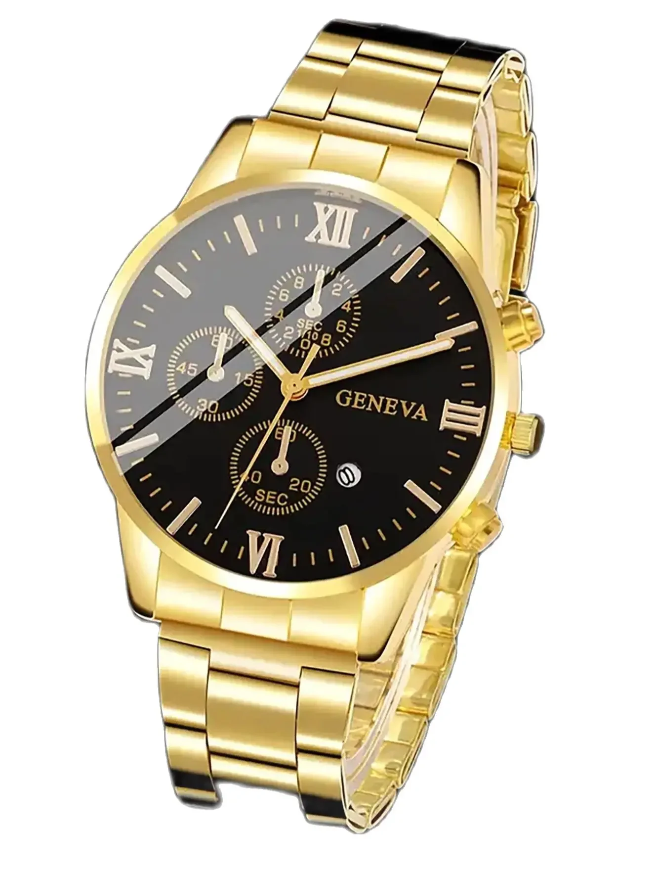 Orologio al quarzo da uomo in lega stile business classico 3 pezzi con bracciale cubano collana croce set calendario braccialetto regalo di compleanno