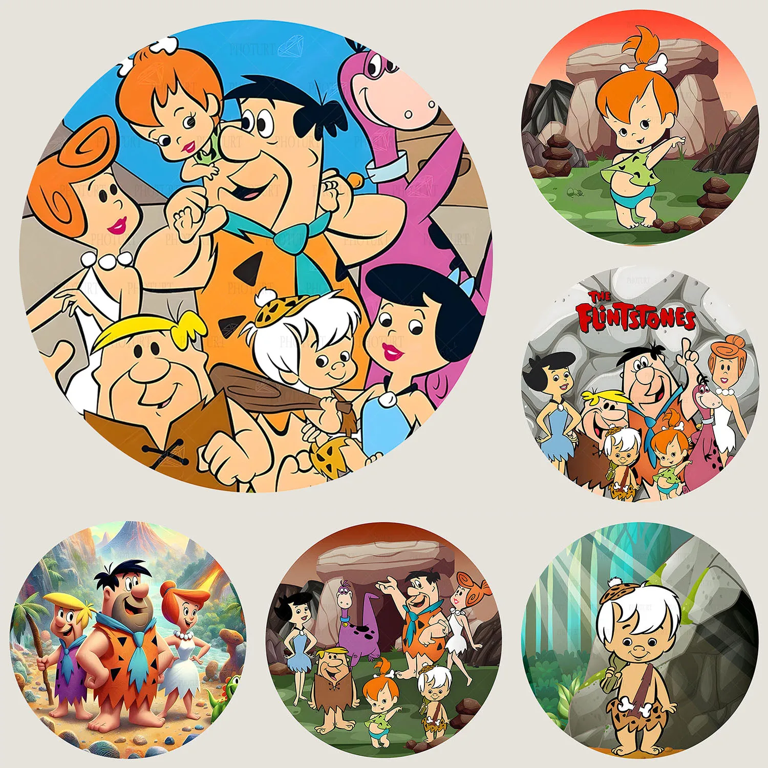 Fondo familiar redondo de Flinstones Bambam, telón de fondo para fiesta de cumpleaños para niños, pancarta circular, accesorios de fotografía