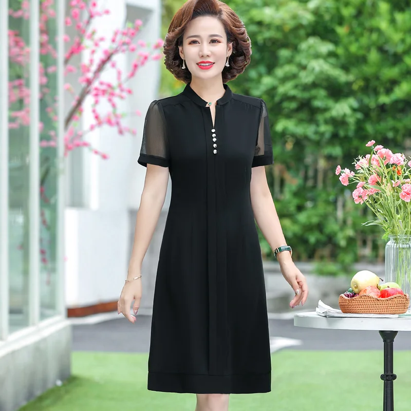 Middle-aged Women\'s Summer Sundresses 2023 New Elegant Chiffon Dress Ladies Korean V-Neck Black Red Blue Dresses Women Elegant