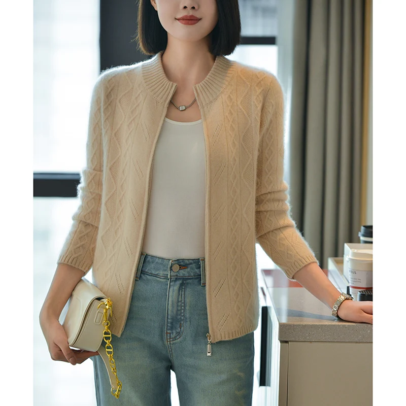 DjzDsm Autumn/Winter New 100% Wool Women's High Quality Thick Knitted Cardigan Solid Color Stand up Collar Simple Design Sweater