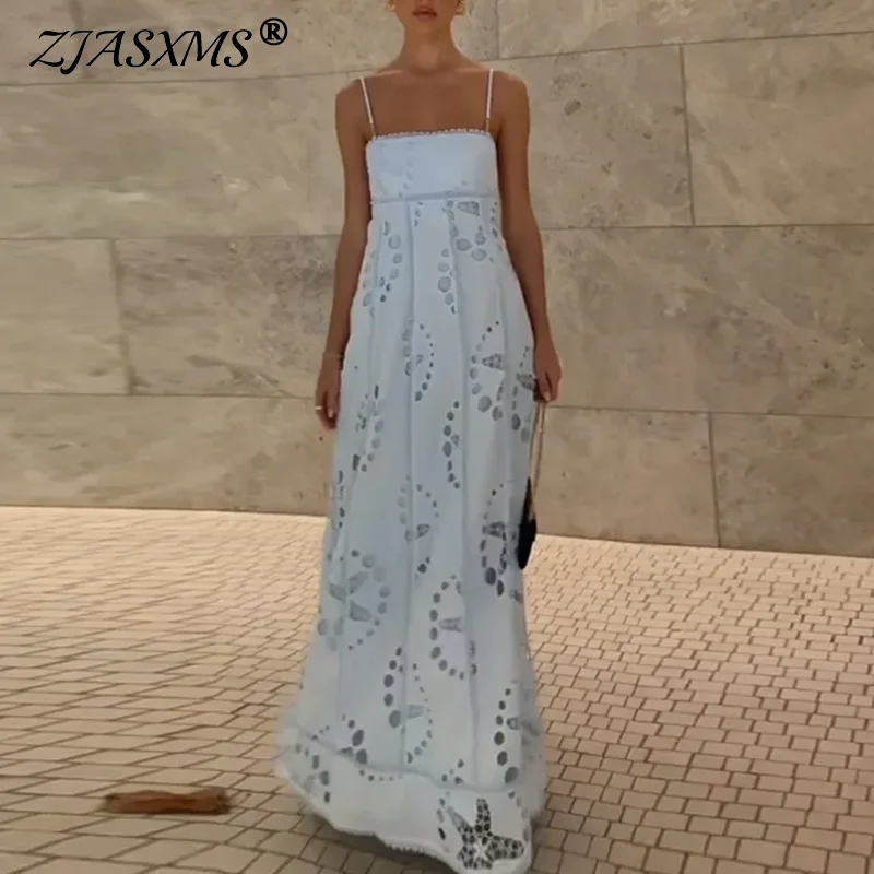 Abito estivo da donna alla moda con fionda Boho 2025 Nuovo abito lungo elegante all'uncinetto jacquard solido Abito da pendolare scavato in pizzo vintage