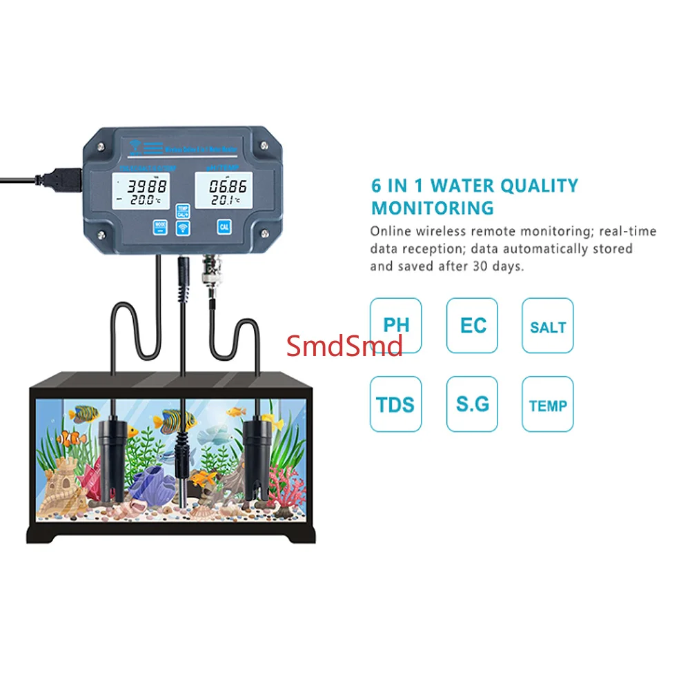 6 in 1 WiFi Digital Water Quality Monitor PH EC TDS SALT S.G Temp Meter Multifunction Smart Analyzer Online Tester APP Control