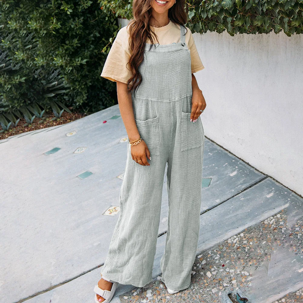 2025 신상 여성 여름 유럽 및 미국 패션 코튼 린넨 단색 하이웨이스트 루즈핏 캐주얼 점프수트