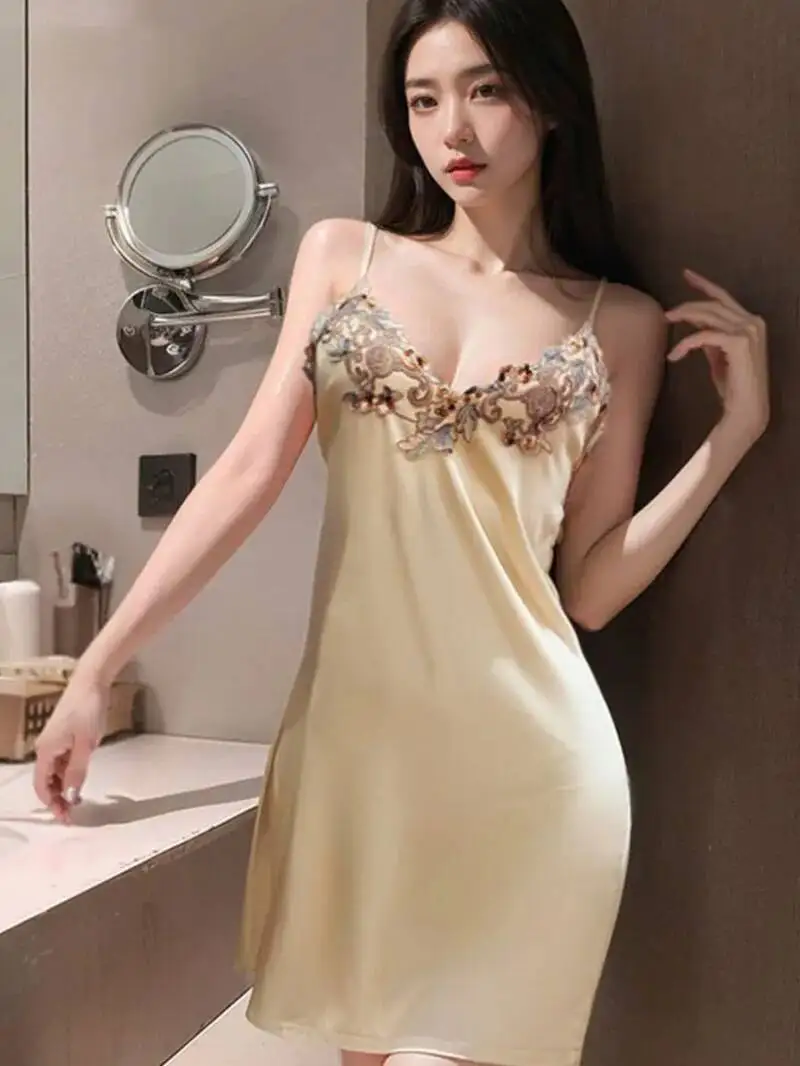 Novo verão feminino cinta de seda gelo camisola com renda colorida bordado cetim sexy puro desejo vestido sem mangas encantador uu3e