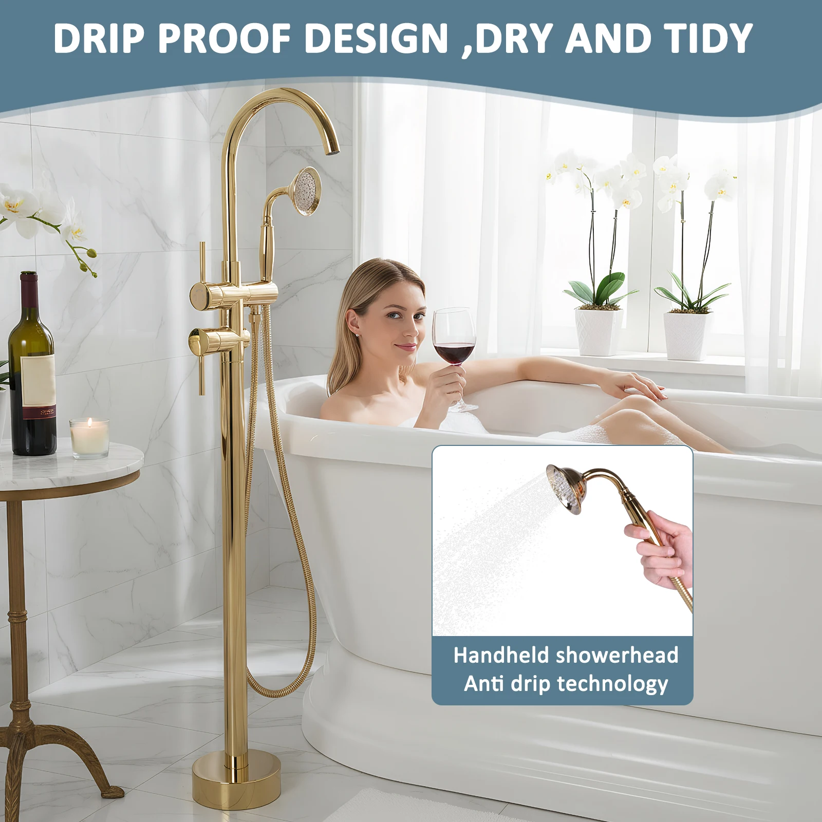 Freestanding Bathtub Faucet Tub Filler Faucets Chrome Floor Mounted Brass Bathroom Faucets with Handheld Shower