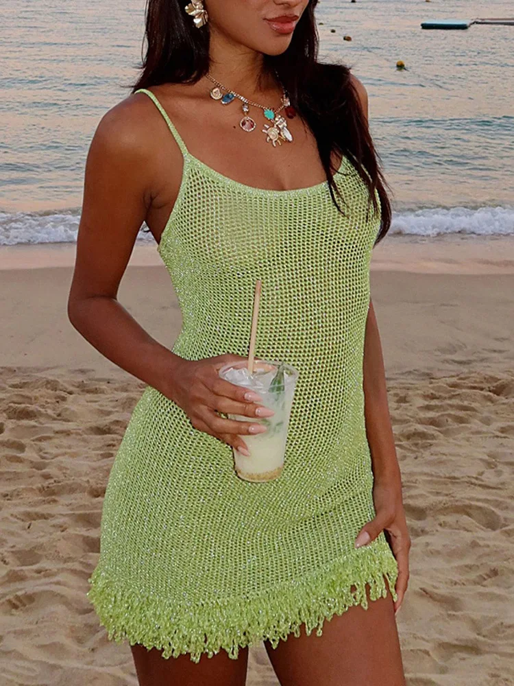 

SKMY Women Clothing 2025 Summer New Sleeveless Slim Fitting Tassel U-Neck Spaghetti Strap Hollow Out Knitted Short Dresses