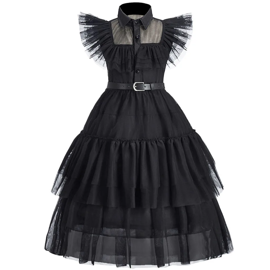 Little Girls Cosplay Dress Vestidos Children Addams Dark Gothic Styles Halloween Solid Color Costume Halloween Carnival Clothing