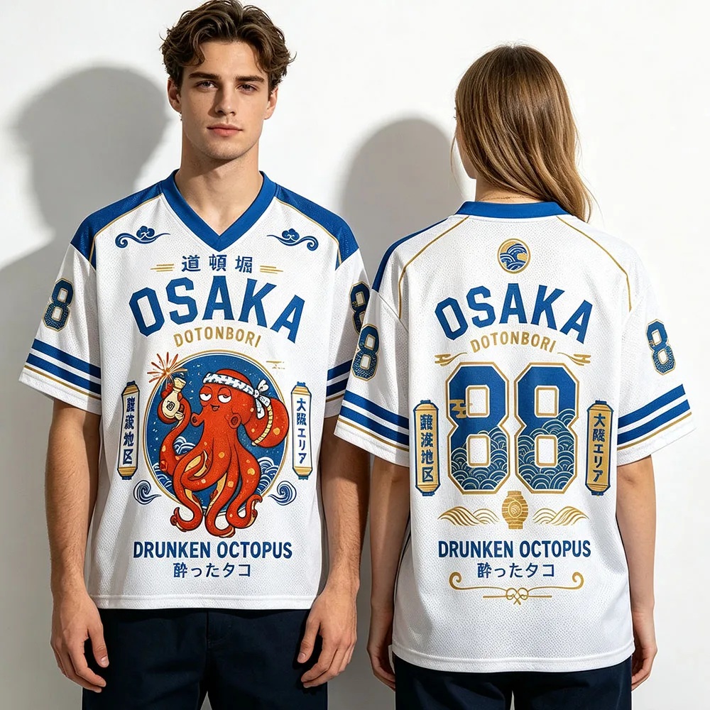 Men Women Tees Japanese Osaka Dotonbori Drunken Octopus Jersey Mesh Short Sleeve V-neck Loose Tshirts Streetwear Unisex Couple
