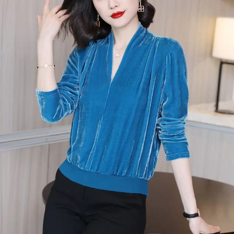 Autumn Winter Women Shirts Golden Velvet Thicken V-Neck Solid Pleated Fashion Elegant Long Sleeve Pullovers Bottoming Shirt Tops