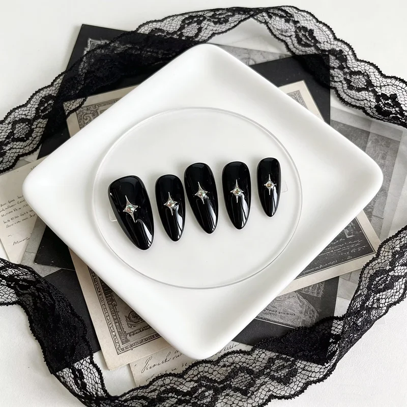 10pcs Black Almond Press on Nails Handmade Acrylic Fake Nails Milky Way Stars Short Wearable False Nails Decoration Finger Tips