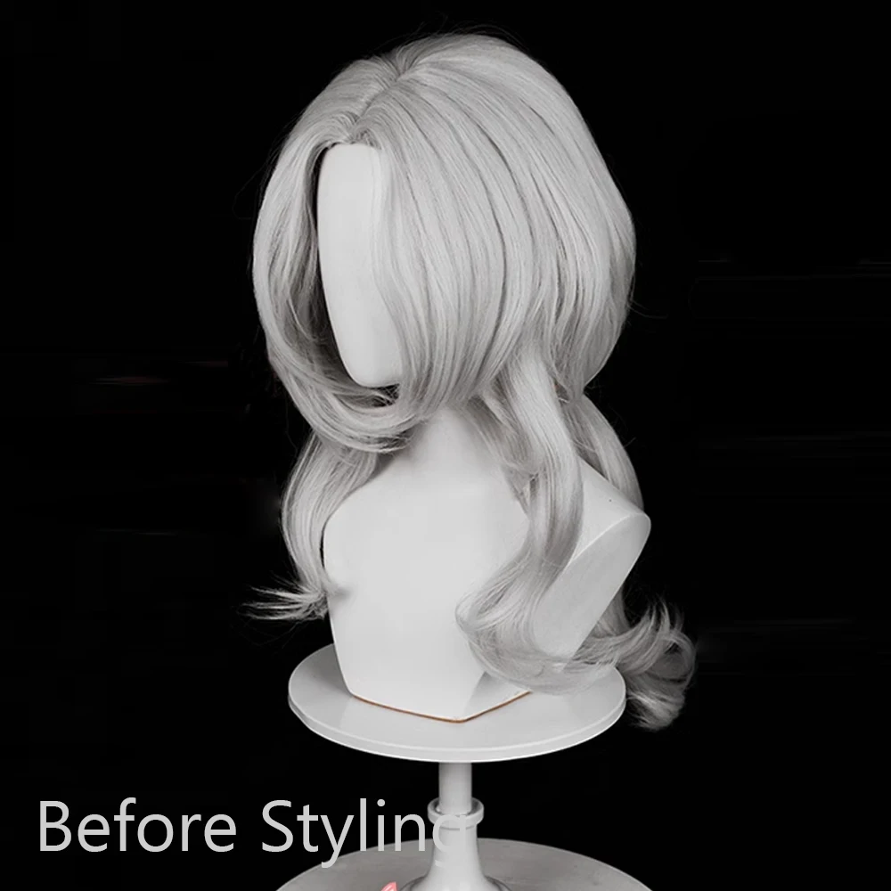 Anime Game Cosplay Fluffy Silvery Gray Synthetic Wigs Middle Part with Bangs Long Wavy Women and Men Wig for Daily Party
