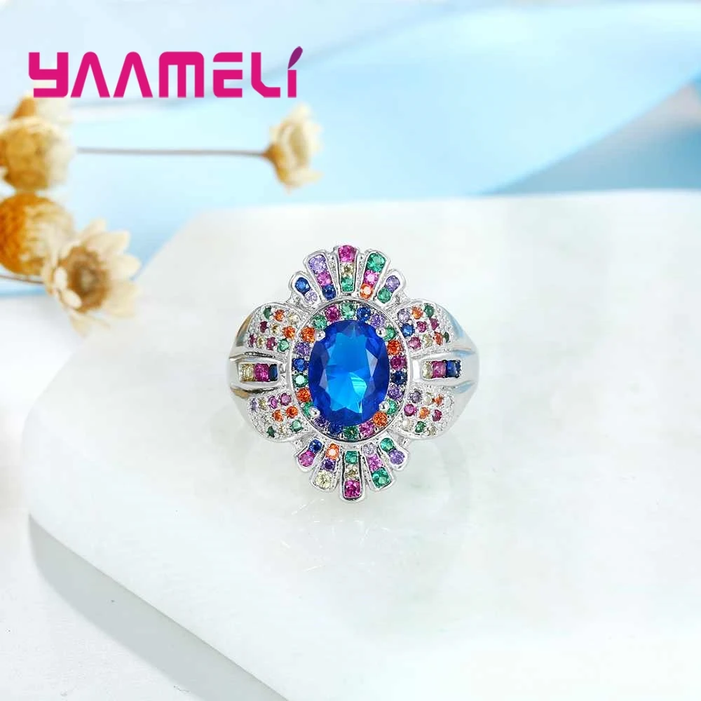 Luxury Elegant Blue Flowers Crystal Embellishment Stone Ring Party Accessories 925 Sterling Silver For Thanksgiving
