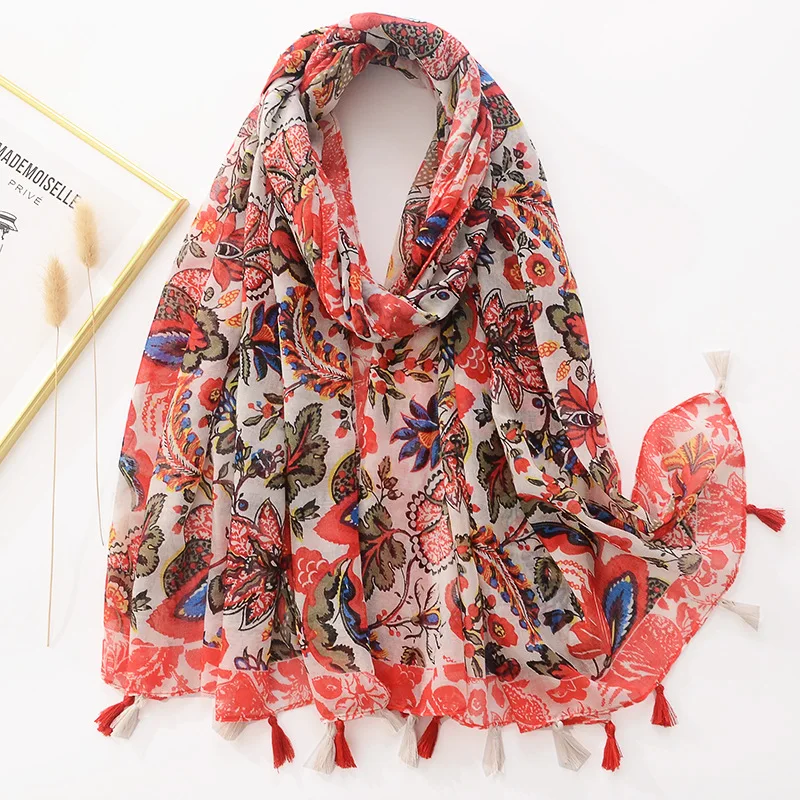 Women Fashion Aztec Lovely Floral Tassel Viscose Shawl Scarf Lady Print Pashmina Stole Wrap Snood Bufandas Muslim Hijab Sjaal