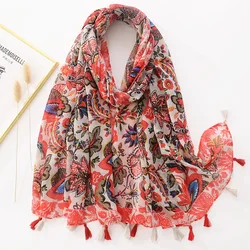 Moda damska Aztec piękny kwiatowy z frędzlami wiskoza szalik Lady drukuj Pashmina Stole Wrap Snood Bufandas muzułmański hidżab Sjaal