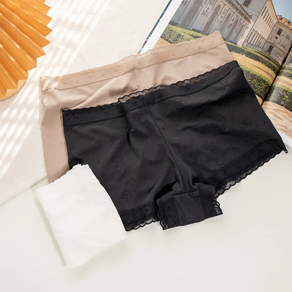 Women's Lace Panties Mid‑Waist Seamless Stretch Breathable Sexy Boyshort Ladies Anti‑Chafing Boxer Briefs Solid Color Underwear