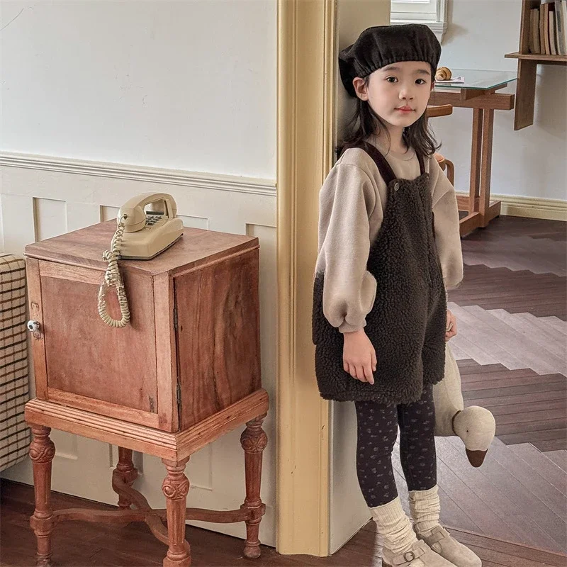 2024 Children\'s Clothing Autumn and Winter New Children\'s Korean Version Lamb Wool and Velvet Overalls for Girls and Boys Pants