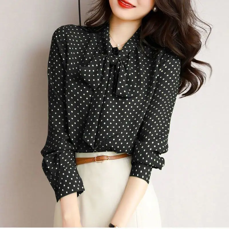 Spring Autumn New Temperament Bow Lacing Shirt Tops Long Sleeve Loose Polka Dot Printing Blouse Elegant Fashion Women Clothing